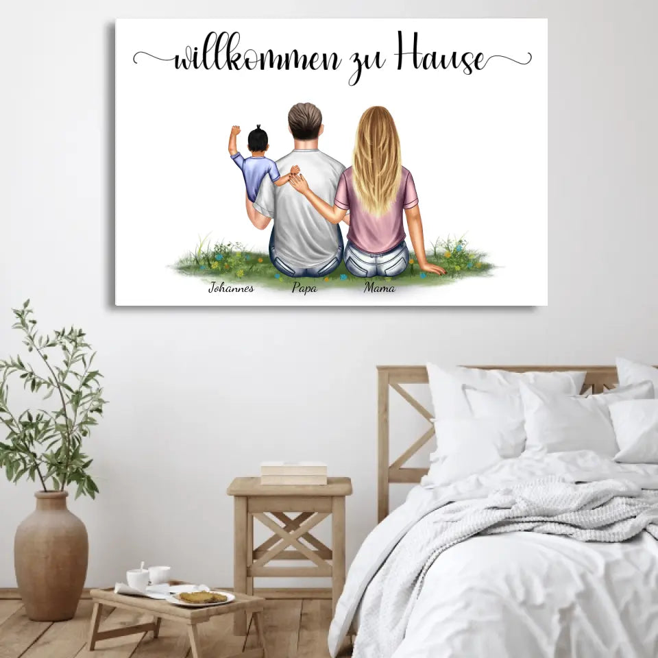 Gezin met één kind - Gepersonaliseerd canvas