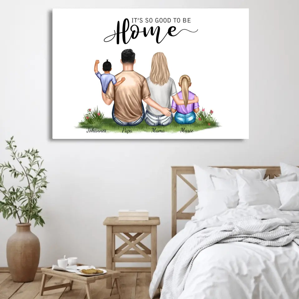 Gezin met twee kinderen - Gepersonaliseerd canvas