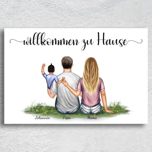 Gezin met één kind - Gepersonaliseerd canvas 