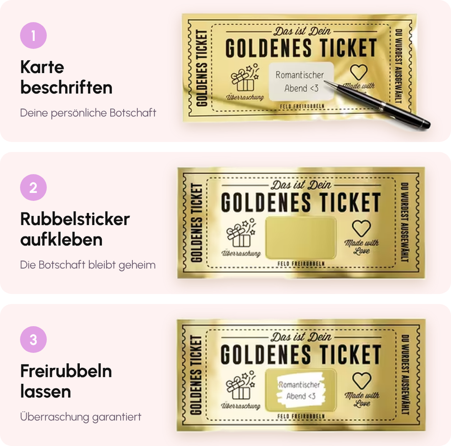 1 Karte beschriften, 2 Rubbelsticker aufkleben, 3 Nachricht freirubbeln lassen